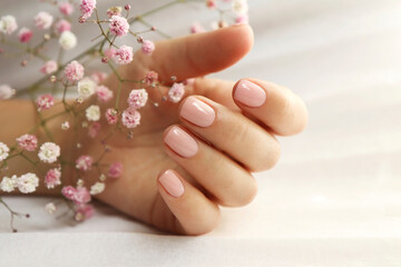 Light pink manicure on short nails with Gypsophila. - obrazy, fototapety, plakaty