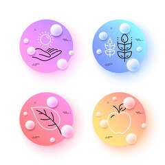 Gluten free, Leaf and Sun protection minimal line icons. 3d spheres or balls buttons. Apple icons. For web, application, printing. Bio ingredients, Environmental, Ultraviolet care. Fresh fruit. Vector