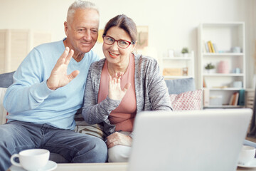 Cheerful modern grandparents sitting on sofa and waving hands to laptop webcam while communicating online