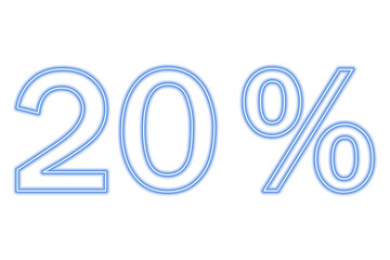 20 percent inscription isolated on white. Blue line in neon style.