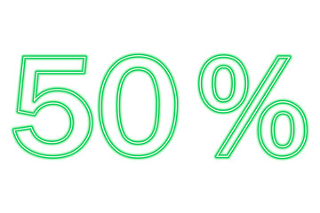 50 percent inscription isolated on white. Green line in neon style.