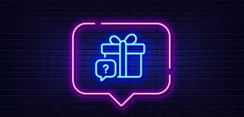 Neon light speech bubble. Secret gift line icon. Unknown present box sign. Question mark symbol. Neon light background. Secret gift glow line. Brick wall banner. Vector