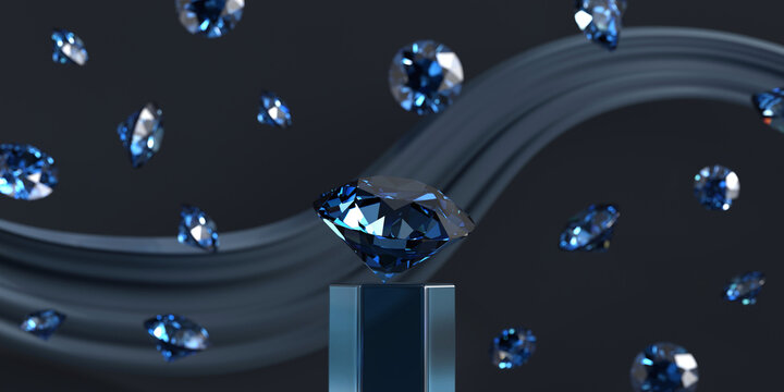 Group of Blue diamond sapphire placed on glossy background main object focus 3d rendering