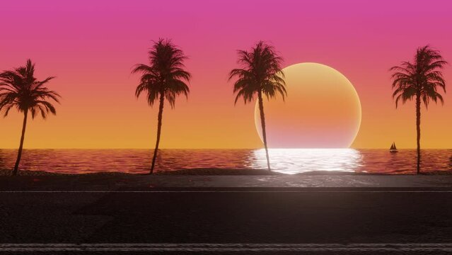 Moving along the ocean side of the road with coconut palm trees in sunshine. 3d Synthwave animated background. Seamless loop.