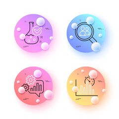 Chemistry lab, Cogwheel and Report timer minimal line icons. 3d spheres or balls buttons. Search employees icons. For web, application, printing. Vector