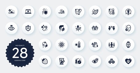 Set of Healthcare icons, such as Coronavirus injections, Mint leaves and Sick man flat icons. Medical drugs, Medical help, Uv protection web elements. Improving safety, Strawberry. Vector