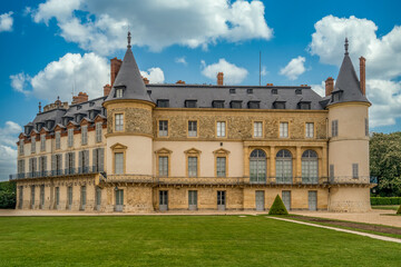 View of Château de Rambouillet, location for several international summits with two circular towers and manicured gardens in France - obrazy, fototapety, plakaty
