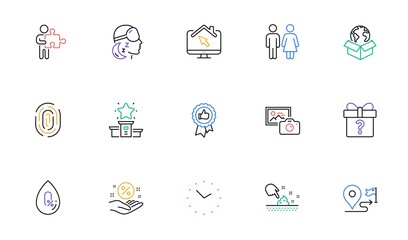 Restroom, Fingerprint and Delivery service line icons for website, printing. Collection of Secret gift, Insomnia, Time icons. Winner podium, Work home, Skin moisture web elements. Vector