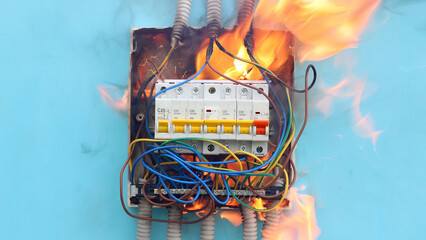 Accident involving electrics, fire caused by electrical faults include old unsafe fuse board. - obrazy, fototapety, plakaty