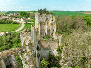 Aerial close up view of Passy Les Tours castle built on a barlong plan of about 50 m on each side flanked by four round towers and a donjon