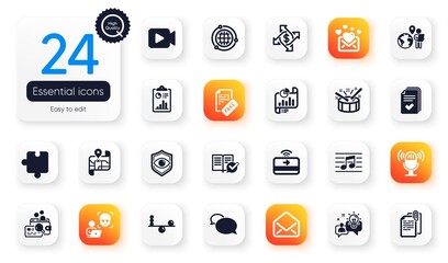Set of Education flat icons. Drums, Approved documentation and Microphone elements for web application. Balance, Map, Payment exchange icons. Video camera, Fake news, Globe elements. Vector