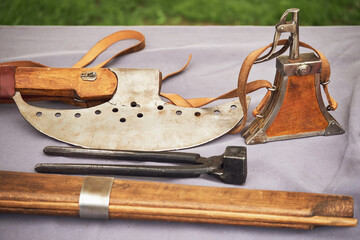 Military items for vintage guns and retro muskets - old bullets and gunpowder flask. Ancient...