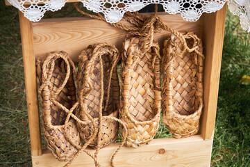 Russian bast shoes - lapti knitted from bark, lapot close-up