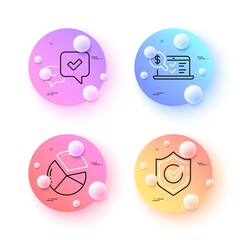 Confirmed, Online accounting and Approve minimal line icons. 3d spheres or balls buttons. Pie chart icons. For web, application, printing. Accepted message, Web audit, Presentation graph. Vector