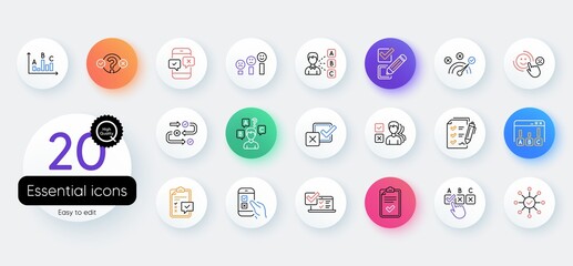 Survey, Report review line icons. Bicolor outline web elements. Opinion, Customer satisfaction feedback and Test icons. Checklist review, Quiz and Business report symbols. Vector