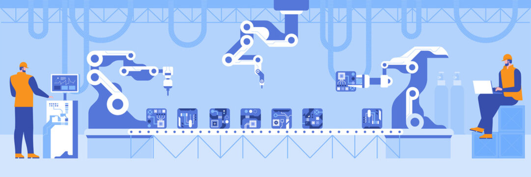 Robotized production line at contemporary plant. Flat color vector illustration. Workers at computer controlling manufacturing process 2D simple cartoon character. Workshop and equipment on background