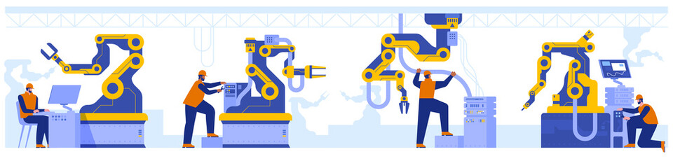 Industrial maintenance. Robotics experts vector illustration. Factory equipment. Man repairing automated machine hand. Manufactory male workers in hard hat 2D cartoon characters for commercial use
