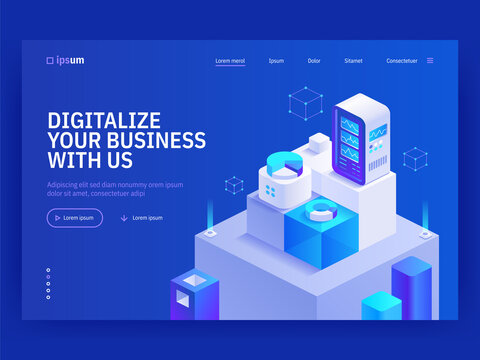 Digitalize your business with us isometric vector image on blue background. Build virtual money mining farm. Features for investment. Web banner with space for text. Composition with 3d components