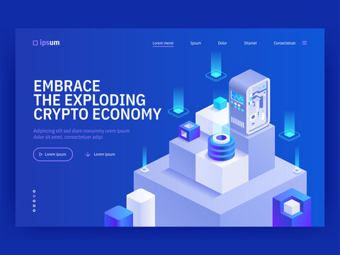 Embrace exploding crypto economy isometric vector image on blue background. Blockchain for business. Easy transactions with partners. Web banner with space for text. Composition with 3d components