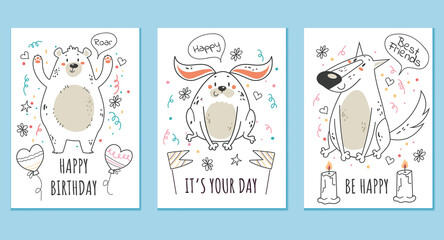 Birthday animal card printing template concept. Vector cartoon design element illustration