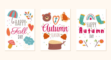 Hello Autumn greeting printing cards template concept set. Vector cartoon design element illustration