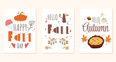 Hello Autumn greeting printing cards template concept set. Vector cartoon design element illustration