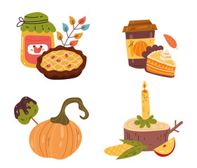 Autumn forest meal with pie and hot drink concept. Vector cartoon design element illustration