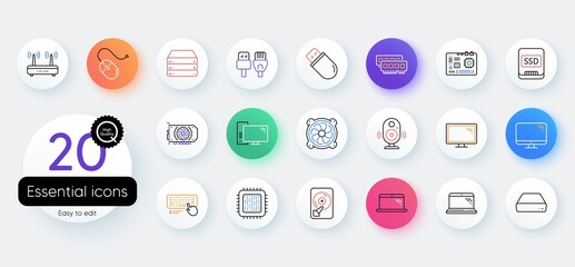 Computer components, Laptop, SSD line icons. Bicolor outline web elements. Motherboard, CPU, Internet cables icons. Wifi router, computer monitor, Graphic card. Keyboard, SSD device. Vector