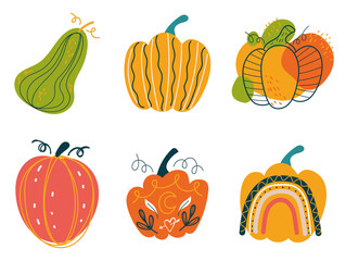 Boho style ornamental pumpkin design element isolated set. Vector flat graphic design illustration