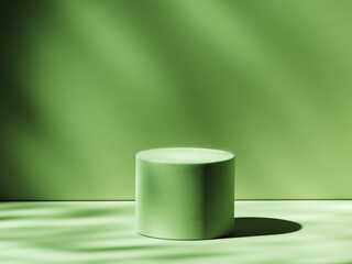 Green cylindrical pedestal illuminated from side. 3d computer graphic template of displaying place for your products. Blank template.