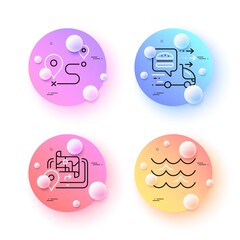 Food delivery, Waves and Gps minimal line icons. 3d spheres or balls buttons. Journey icons. For web, application, printing. Delivery truck, Water wave, Journey map. Trip distance. Vector