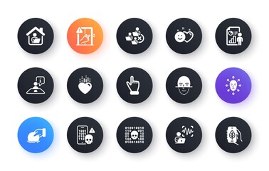 Minimal set of Interview, Donate and Click hand flat icons for web development. Cyber attack, Voice wave, Smile icons. Face biometrics, Face recognition, Heart web elements. Binary code. Vector