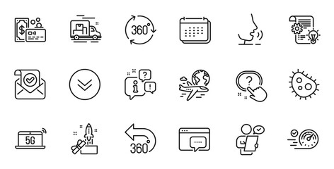 Outline set of Bacteria, Calendar and Cogwheel line icons for web application. Talk, information, delivery truck outline icon. Include International flight, Innovation, Customer survey icons. Vector