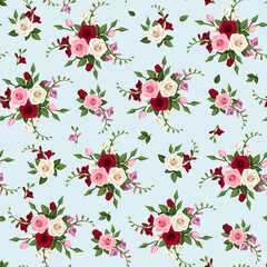 Seamless floral pattern with red, pink, and white roses and freesia flowers on a blue background. Vector illustration 