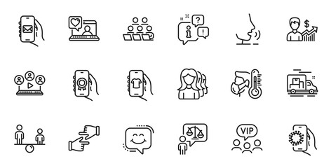 Outline set of Sick man, Vip clients and Mail app line icons for web application. Talk, information, delivery truck outline icon. Include Award app, Equity, Click hands icons. Vector