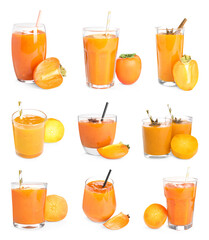 Set with tasty persimmon smoothies on white background