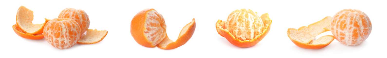 Set with tasty ripe tangerines on white background. Banner design