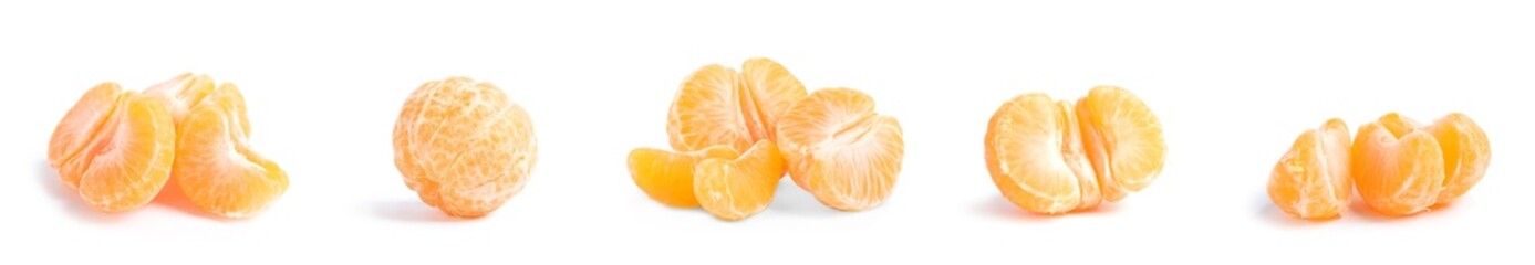 Set with pieces of tasty ripe tangerines on white background. Banner design