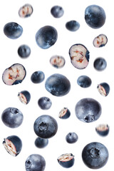 Tasty ripe blueberries flying on white background