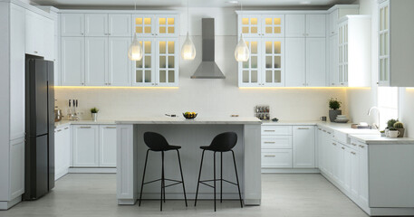 Beautiful kitchen interior with new stylish furniture. Banner design