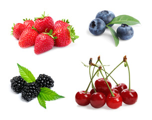 Fototapeta na wymiar Set with different ripe berries on white background