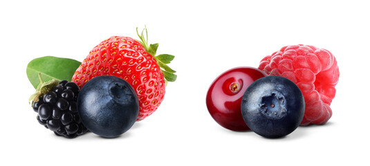 Tasty fresh berries on white background, collage. Banner design