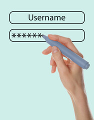 Illustration of authorization interface and woman with marker on light background, closeup