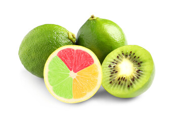 DIfferent genetically modified fruits on white background