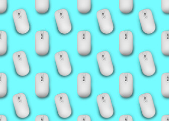 Many white computer mouses on turquoise background, flat lay. Seamless pattern design