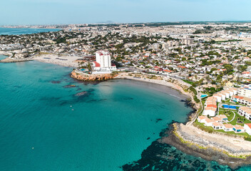 Costa Blanca seaside with turquoise Mediterranean Sea, aerial shot