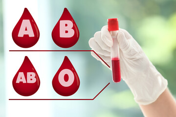 Images of drops representing different blood types and scientist with sample on blurred green background, closeup - obrazy, fototapety, plakaty
