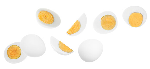 Tasty hard boiled eggs flying on white background. Banner design