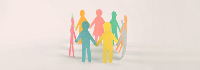 Paper human figures making circle on white background, banner design. Diversity and Inclusion...
