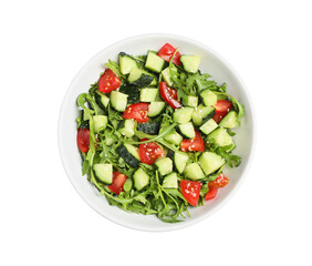 Delicious salad with cucumbers, tomatoes and sesame in bowl isolated on white, top view